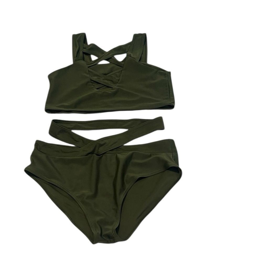 Olive Green Bikini Set with Crisscross Design size small super cute worn 2x EUC
